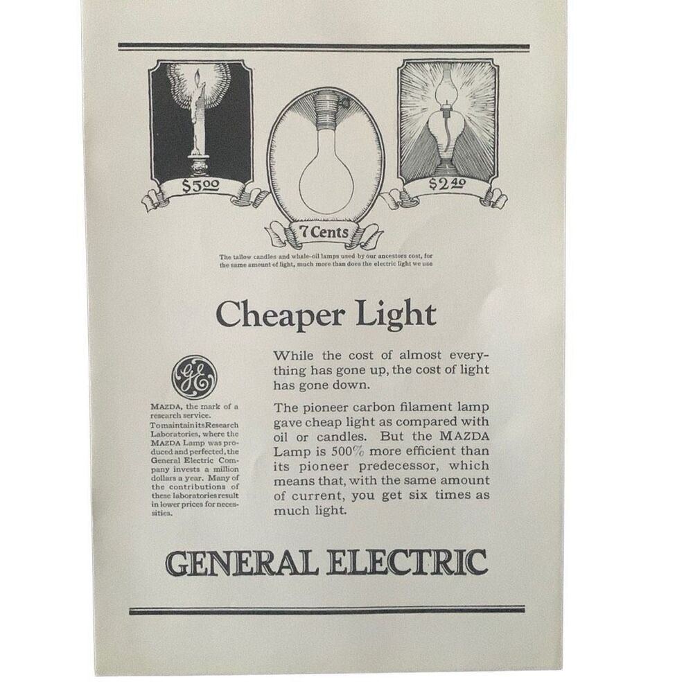 Vintage 1923 General Electric Cheaper Light Ad Advertisement